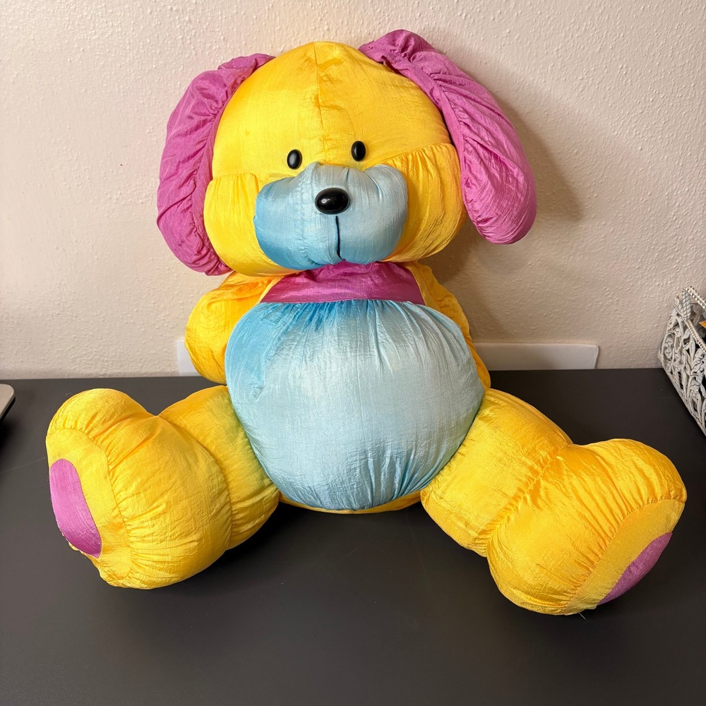 TL Toys Plush Dog Unisex Large Yellow Excellent Vintage Neon Parachute Nylon 21"